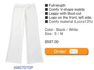 AM07070P Full-length Comfy V-shape waiste Leggy with Boot-cut Logo on the front, left side.  Comfy material (Lycra 13%)  Color : Black / White  Size : S / M  $587.00